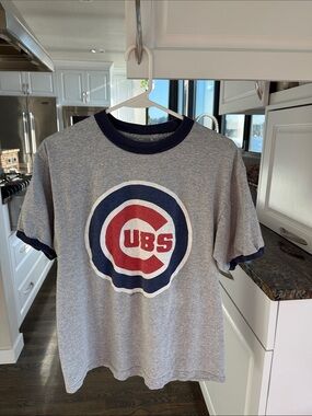 Vintage Stitches Chicago Cubs Graphic Ringer Tee Gray with Navy & Red Logo EUC